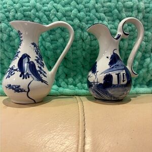 Two miniature collectible Blue and White Ceramic Pitcher Sets.